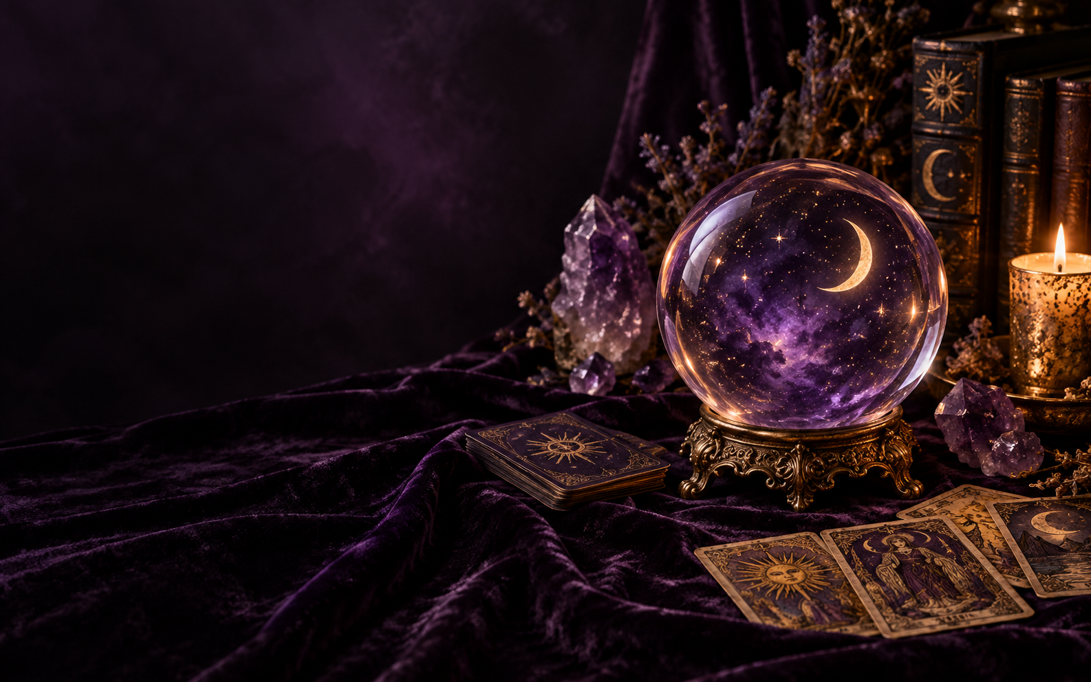 Luminous purple crystal ball surrounded by tarot cards and crystals